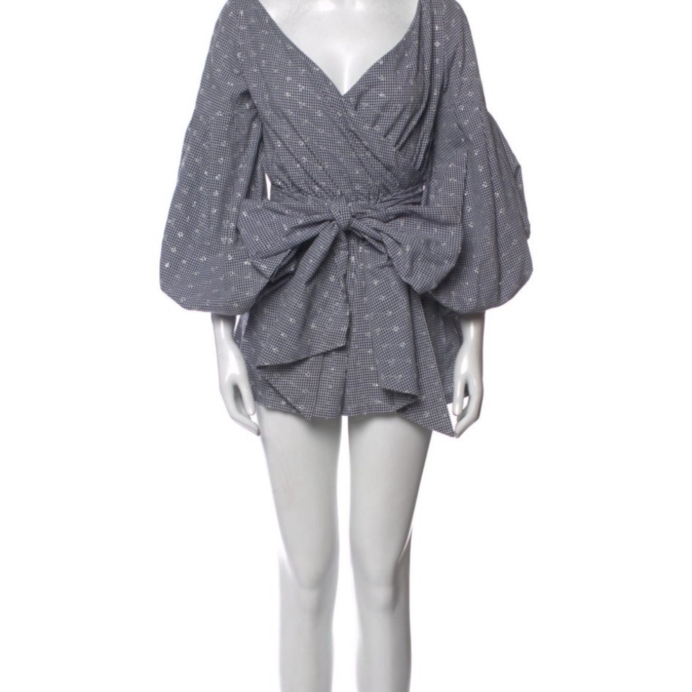 Alexis Dark Navy/white gingham plaid  Puff sleeve Romper with Bow